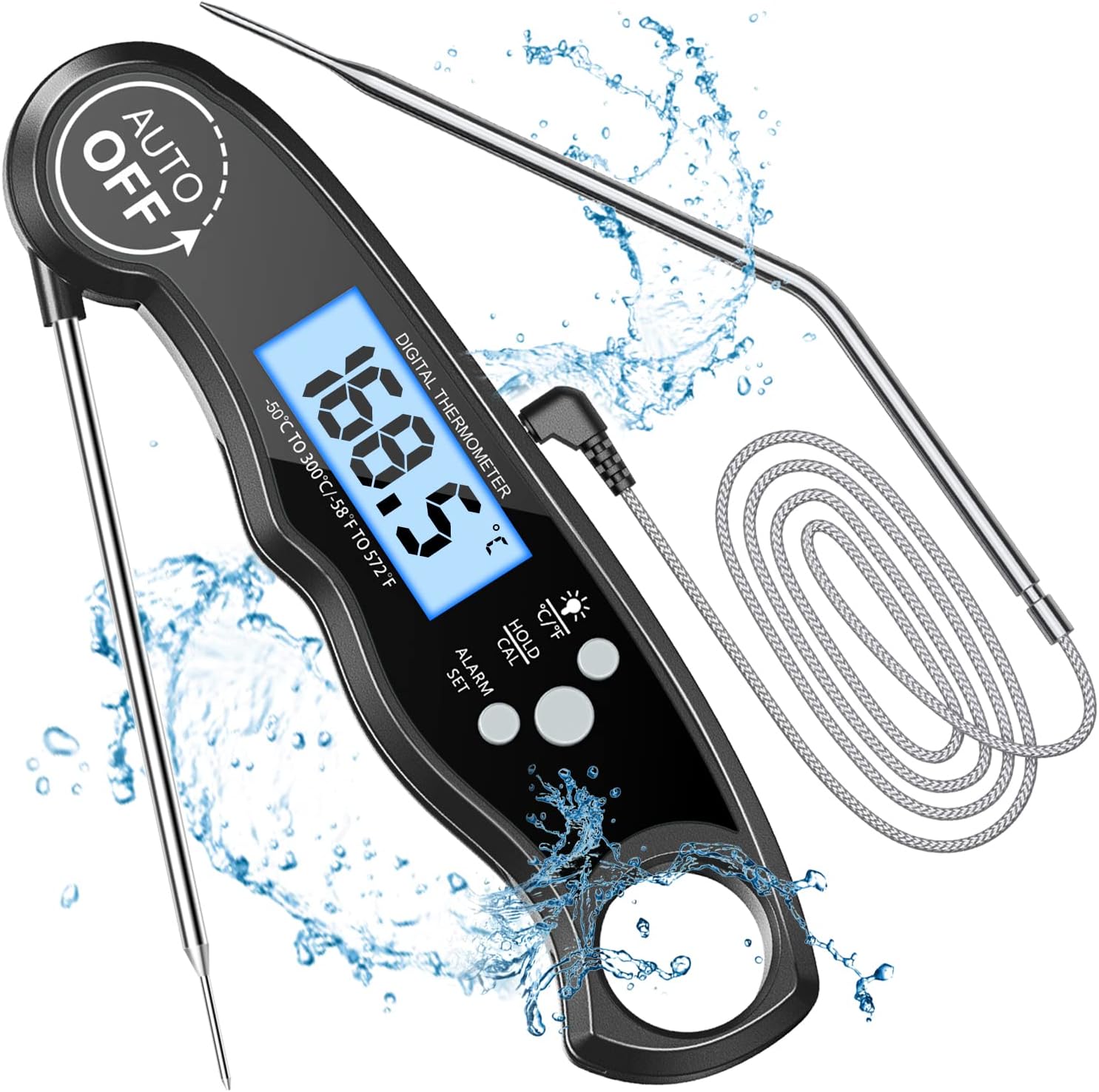 Thermometre Cuisine, Thermometre Cuisson Lecture Instantané avec 102cm Pliable Sonde, Rétroéclairage LCD & Aimant, Thermomètre Digital pour Cuisson, Viande, BBQ, Steak, Huile, Lait, Vin