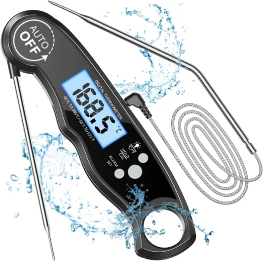 Thermometre Cuisine, Thermometre Cuisson Lecture Instantané avec 102cm Pliable Sonde, Rétroéclairage LCD & Aimant, Thermomètre Digital pour Cuisson, Viande, BBQ, Steak, Huile, Lait, Vin