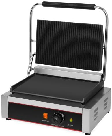 Grill Contact Électrique Panini 2200W – Plaques Large 340 x 230 mm – Supérieure Rainurée/Inférieure Lisse – Température 0 à 300°C – Bac Graisse Inox – Inox – 230V – Pour Viande, Sandwich, Snack