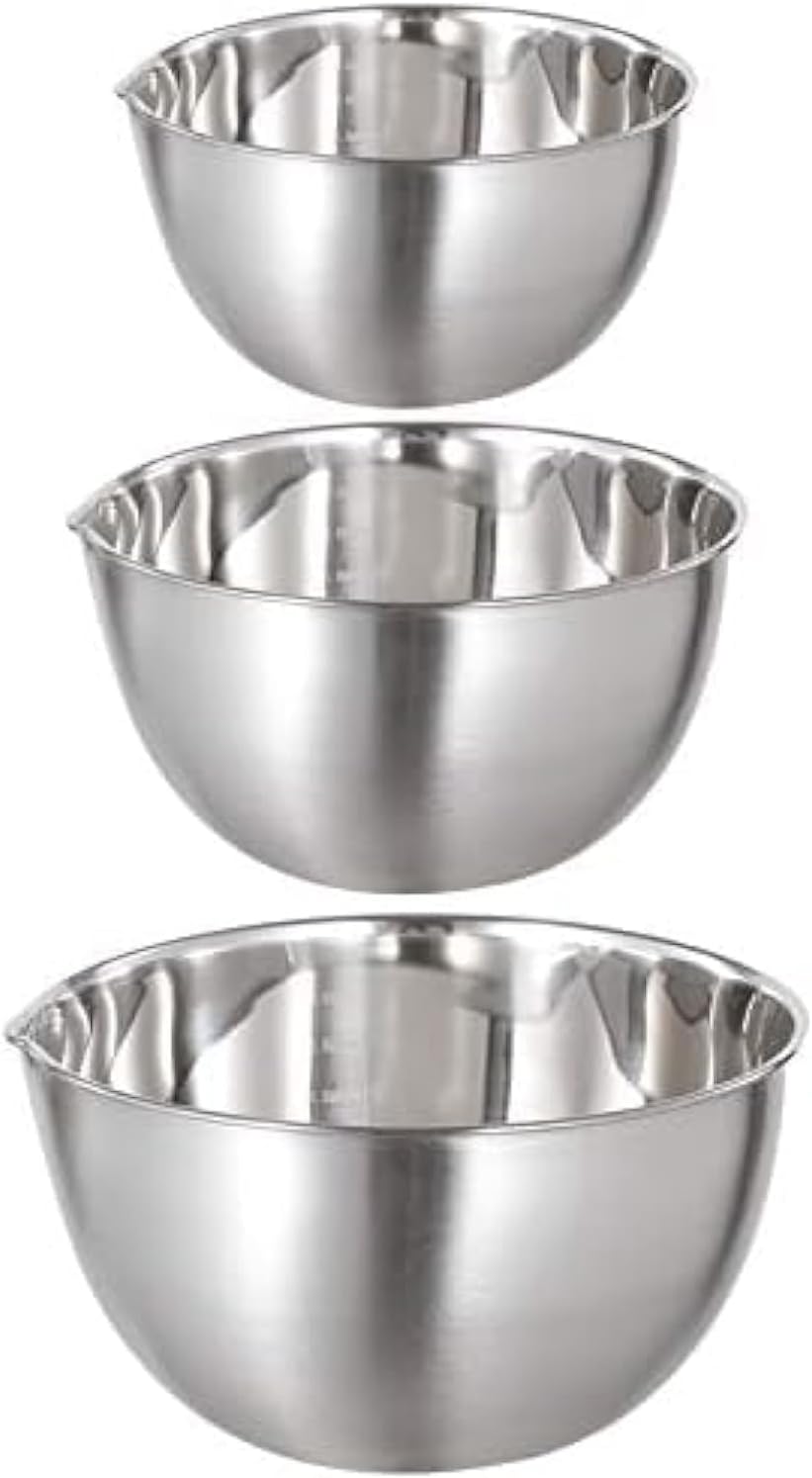 Lot de 3 Bols Mélangeurs en Acier Inoxydable Saladier avec Bec Verseur et Mesure Bol en inox Bol de Cuisine 1,5L/ 3L/ 5L, Empilable