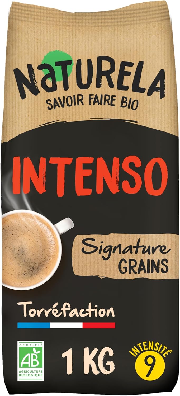 Café Grains Bio - Intenso - Arabica et Robusta - Gamme Signature - Torréfaction Lente - Fabriqué en France - 1 kg Signature - Intense