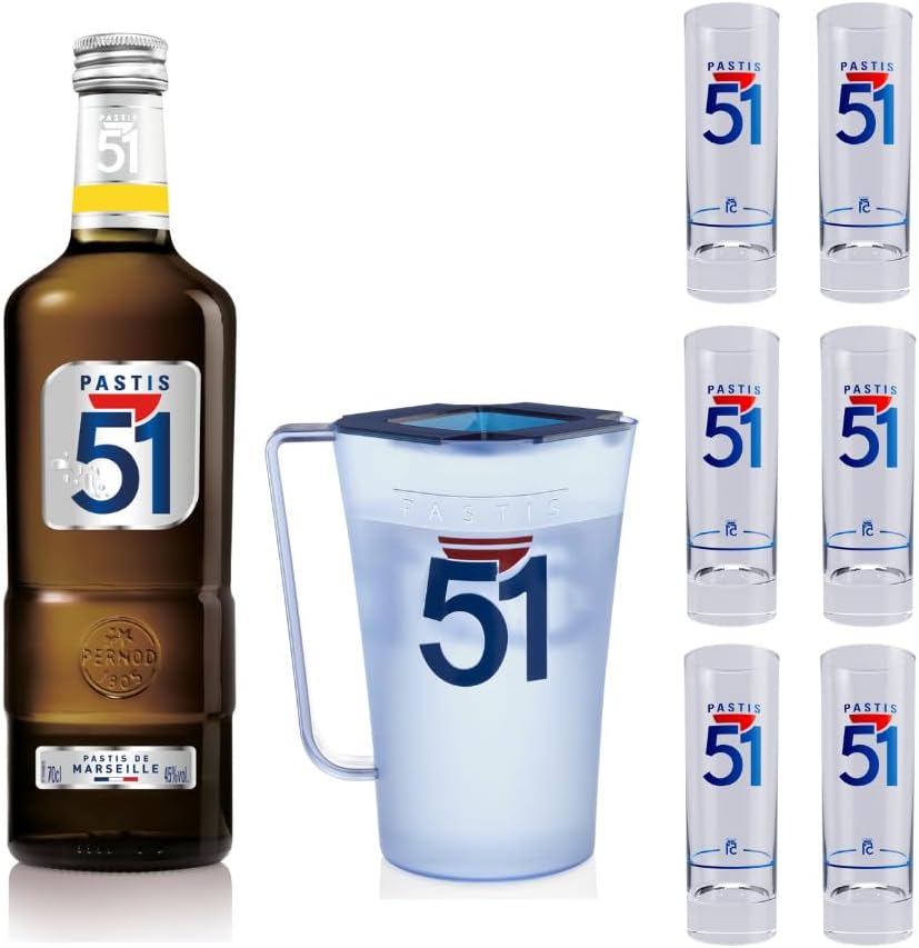 Pack PASTIS 51 Apéritif anisé Pastis de Marseille + 6 verres + 1 Carafe - 45%, 70cl
