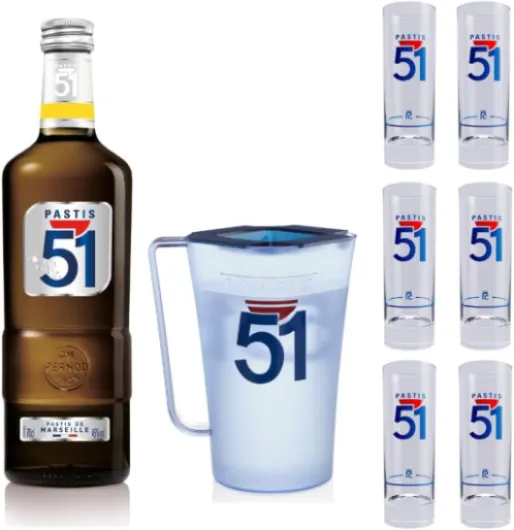 Pack PASTIS 51 Apéritif anisé Pastis de Marseille + 6 verres + 1 Carafe - 45%, 70cl
