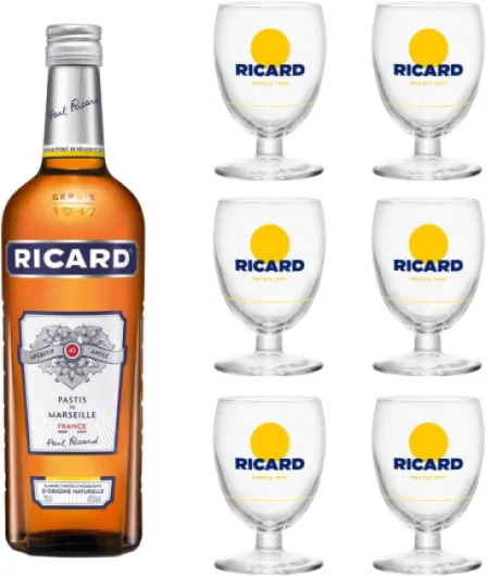 Pack Pastis de Marseille + 6 verres Apéritif anisé - 45%, 70cl Ricard + 6 verres ballons