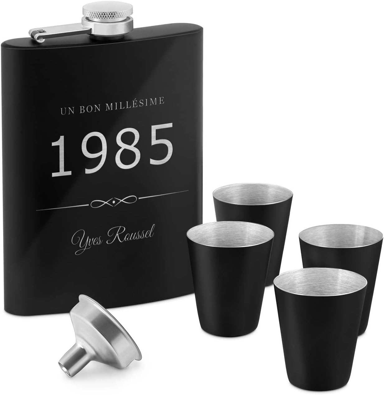 Flasque personnalisée de 200 ml pour lui - Portable Bouteille pour voyageur - Set avec 4 verres à shot - Idee Cadeau Homme - Flasque Whisky - Cadeau Anniversaire Homme - Pour ami - Année