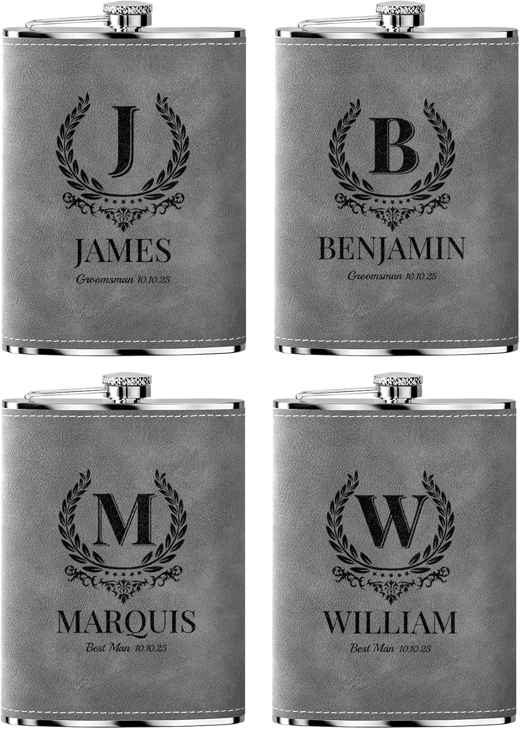 Flasque a Alcool Fiole Personnalisé 4 Pièces Whisky Acier Inoxydable 304 Cadeaux de Mariage Flask Cuir Gravé Gris 8oz Gris 4