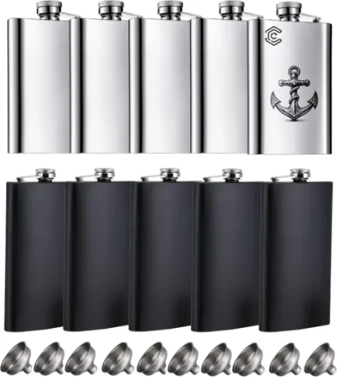 Flasque a Alcool, Lot 10 Flasques Whisky de Poche Inox, Flask Personnalisable 8 Oz/230 ml, Gravable pour Garcon d’Honneur Souvenir de Mariage avec Entonnoir (Noir Mat et Acier Inoxydable)