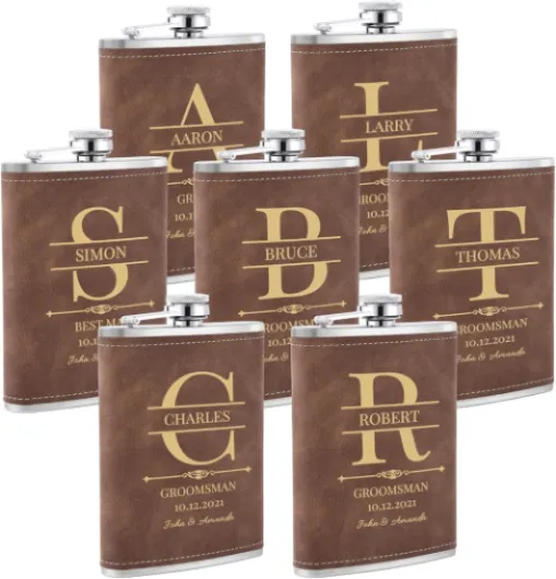 7 Pièces Flasques a Alcool Personnalisés, Flasques Whisky en Inox 304 8oz/227ml Personnalisables pour EVG, Flasque de Mariage Personnalisés pour les Garçons D'Honneur et les Témoins (Marron) Marron 7