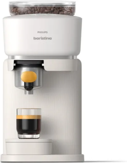 Baristina Machine à expresso - Un véritable expresso, en toute simplicité - Compacte - 16 bars de pression - Broyeur intégré - Machine blanche avec porte-filtre jaune (BAR300/03)
