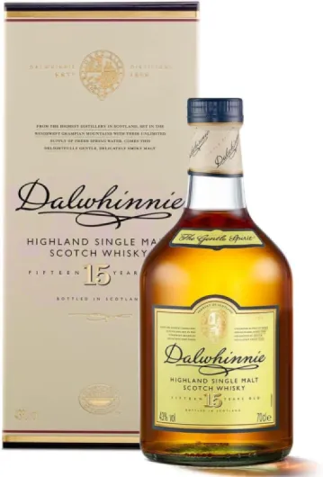 Dalwhinnie 15 Ans, Whisky Single Malt, 70cl Sous Étui Baie, Lisse, Fruit sec, Caramel, Herbacé, Des noisettes, Charbonneux, Tourbé, Agrumes 70cl