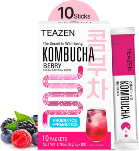 TEAZEN - Kombucha Berry – Boisson instantanée au thé probiotique – 10 sachets – Sans sucre, Végan, Faible en calories – Préparation pour boisson Coréenne avec prébiotiques