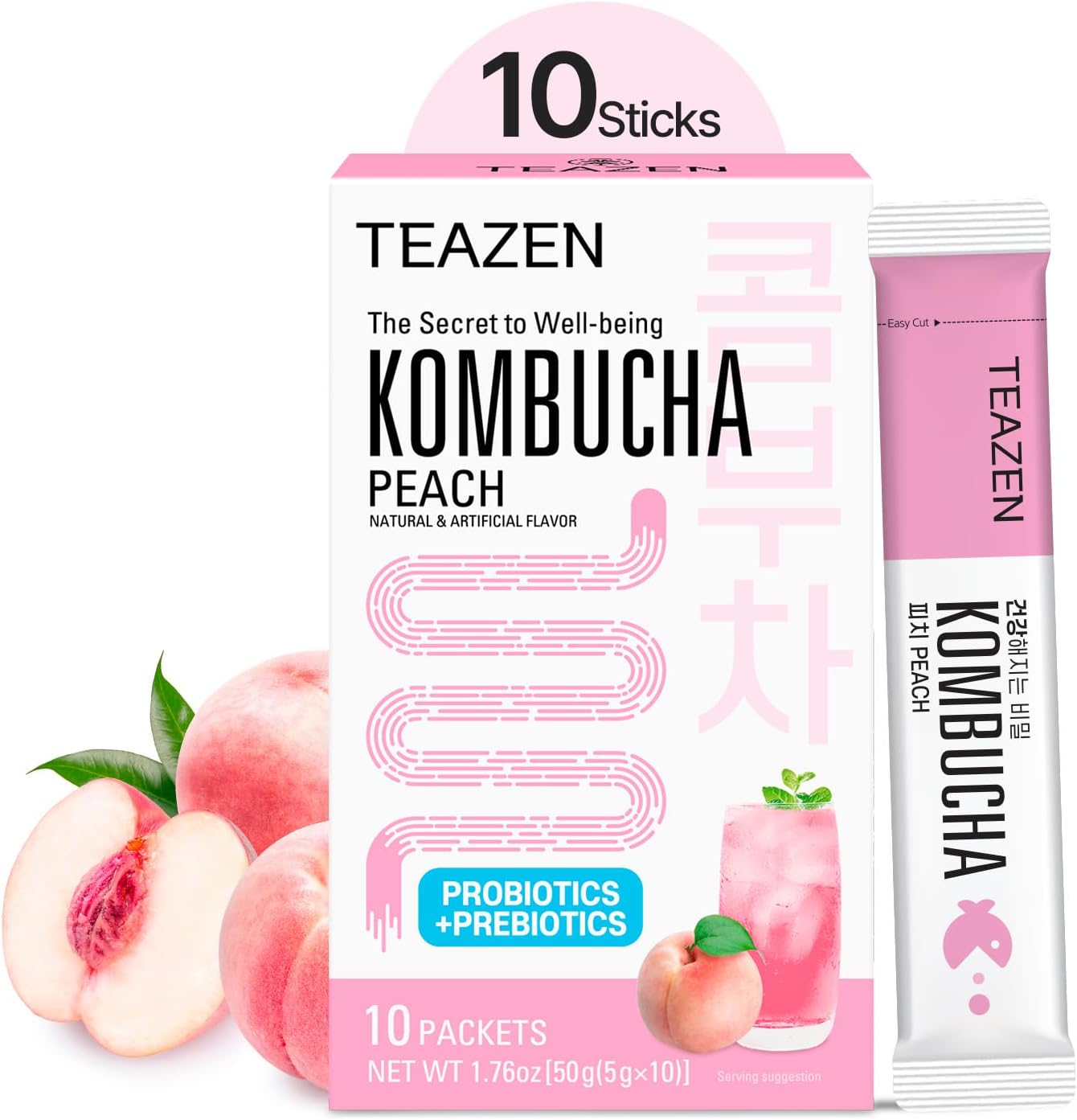 TEAZEN - Kombucha Pêche – Thé probiotique fermenté instantané – 10 sachets – Sans sucre, Végan, Faible en calories – Boisson fruitée Coréenne en poudre avec prébiotiques