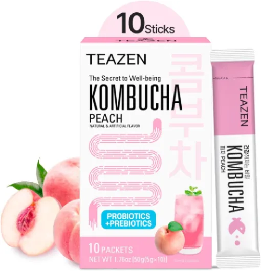 TEAZEN - Kombucha Pêche – Thé probiotique fermenté instantané – 10 sachets – Sans sucre, Végan, Faible en calories – Boisson fruitée Coréenne en poudre avec prébiotiques