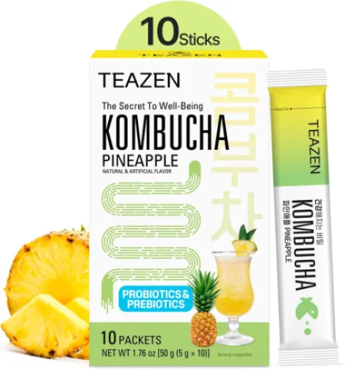 TEAZEN - Kombucha Ananas – Thé fermenté probiotique instantané – 10 sachets – Sans sucre, végétalien, faible en calories – Préparation pour boisson Coréenne tropicale avec prébiotiques
