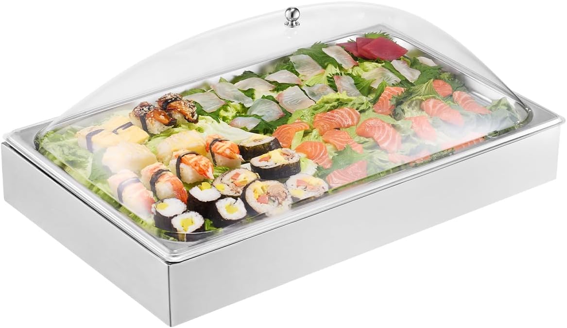 Saladette Réfrigérée à Poser avec 1 Plateau de Service en Acier Inoxydable, Vitrine Réfrigérée Comptoir avec Couvercle en Arc Transparent et 3 Bacs à Glaçons, pour Restaurant Hôtel Cuisine Fête 1 x 1 Pan Argenté