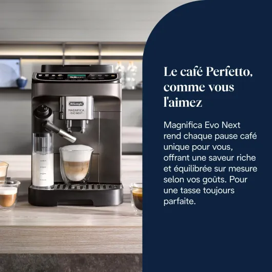 De’Longhi Magnifica Evo Next - Perfetto Machine à Café Automatique avec LatteCrema Mousseur à Lait Automatique, 13 Boissons en une Seule Touche, Écran Tactile Couleurs, Titane et Noir (ECAM312.80.TB) 13 Boissons Titane