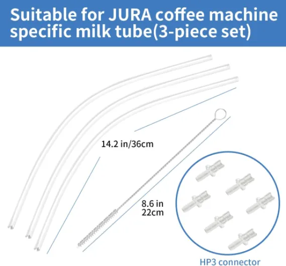 Lot de 3 tuyaux à lait, 6 pièces de raccordement HP3 pour machines à café automatiques et compatibles avec les machines à café Jura E8 S8 Z8 ENA Impressa et Giga Series Système de lait (avec brosse de