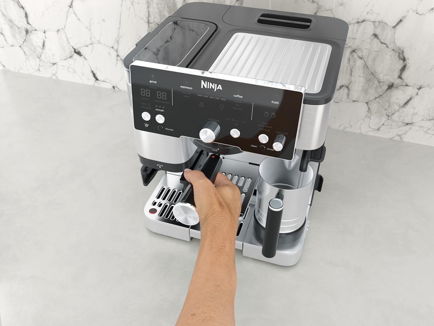 Machine à café Luxe Essential 2-en-1, Latte, Cappuccino et Espresso avec broyeur à grains et mousseur à lait intégrés, facile à utiliser, 2 préréglages mousse, argent, ES501EU