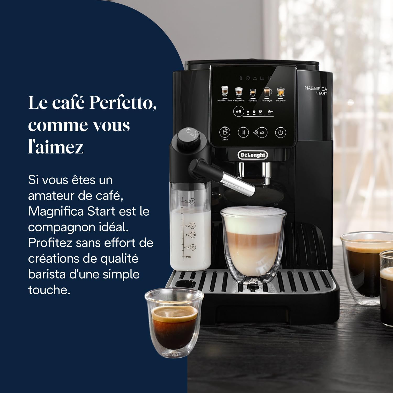 De’Longhi Magnifica Start - Perfetto Machine à Café Automatique avec LatteCrema Mousseur à Lait Automatique, 4 Boissons Enregistrées, Commandes Soft Touch, Noir (ECAM220.91.B) 5 Boissons avec des Icônes Colorées