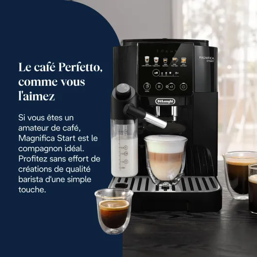 De’Longhi Magnifica Start - Perfetto Machine à Café Automatique avec LatteCrema Mousseur à Lait Automatique, 4 Boissons Enregistrées, Commandes Soft Touch, Noir (ECAM220.91.B) 5 Boissons avec des Icônes Colorées