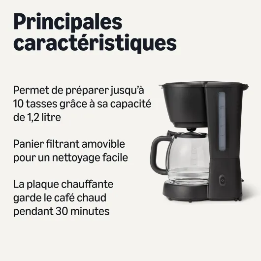 Machine à café filtre, carafe en verre de 1,25 l/10 tasses, garde au chaud pendant 29 min, 1 000 W, noir, prise européenne Cafetière 10 Tasses