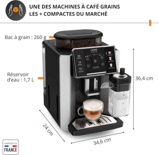Sensation Lait, Machine à café grains, Expresso automatique, 6 boissons, Carafe à lait Cappuccino, Interface tactile, Nettoyage automatique, Silver, EA912E10 Gris Silver Milk Maestro - 6 recettes