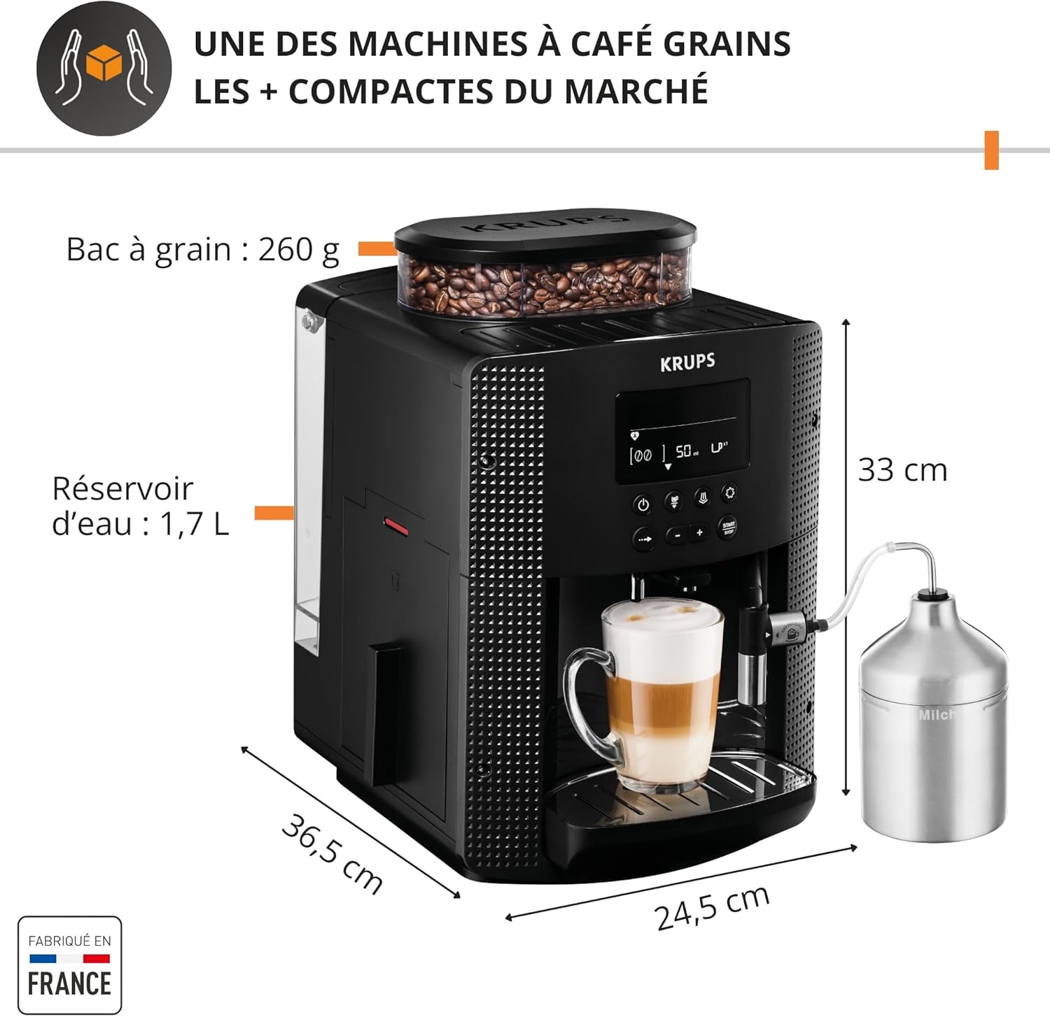 Essential, Machine à café grain, Expresso automatique, 2 tasses simultanées, Ecran LCD, Nettoyage automatique, Buse vapeur, Pot à lait inox Cappuccino, Noire, EA816031 Essential LCD + Pot Inox