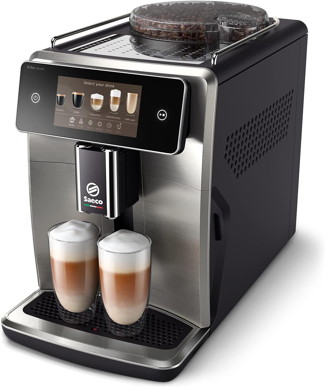 Saeco Expresso broyeur Xelsis Deluxe - 22 Boissons, Connexion Wi-Fi, Écran Tactile Intuitif de 5", 8 Profils Utilisateur, Broyeur en Céramique, Machine à café à grain façade métallique (SM8785/00) 5" Ecran Tactile