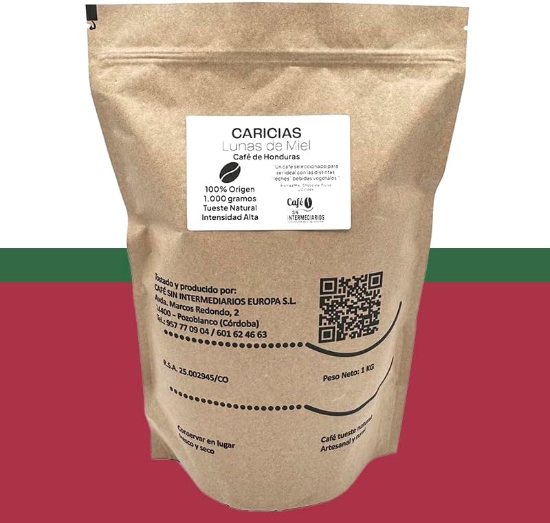 Caricias - Café de Honduras En grains non moulus - Torréfaction hebdomadaire - Emballé à l'expédition - Intensité de saveur élevée En Grains 1 kg (Lot de 1)