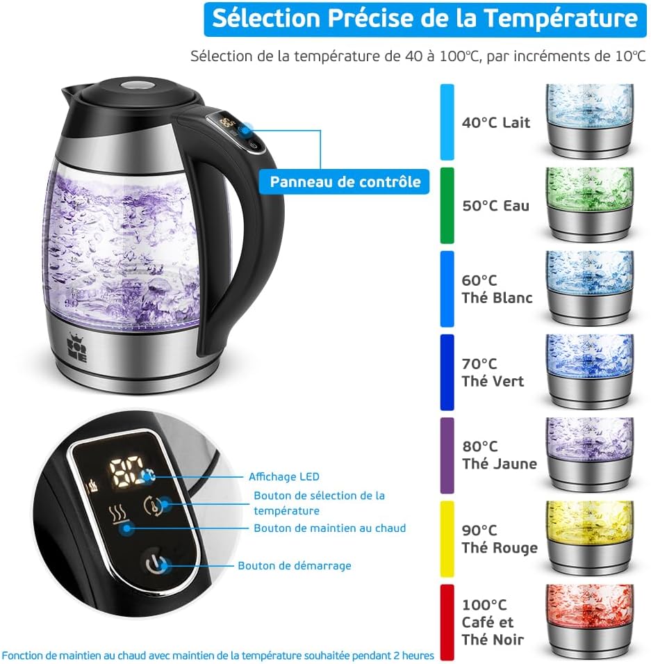 FOR ME Bouilloire Électrique en Verre 1.8L, Contrôle de la Température, Température Réglable à Partir de 40°C à 100°C, Éclairage LED 7 Couleurs, Fonction de Maintien au Chaud, Sans BPA Sans Passoire À Thé 418