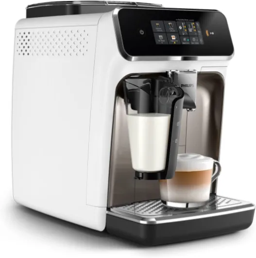 Expresso broyeur Série 2300-4 Boissons, Écran tactile coloré, Carafe LatteGo, SilentBrew, Broyeur 100% Céramique, Machine à café à grain Blanc Chromé (EP2333/40) Broyeur silencieux Blanc & Chrome