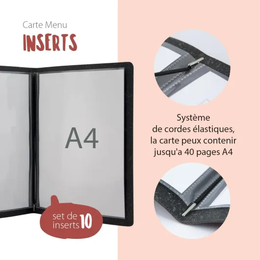 Inserts Avec Pochettes Transparentes Doubles A4 - Pour Porte-Menu, Carte des Vins - Pour Café, Bar, Restaurant - Lot de 10 A4 - x10
