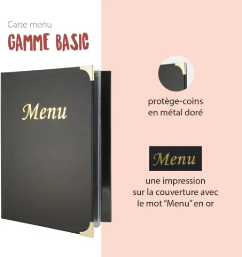 Box de 10 Cartes Menu Gamme Basique - Pour Restaurants, Cafés, Bars - Capacité de 10 pages - A4 - Noir Noir a4