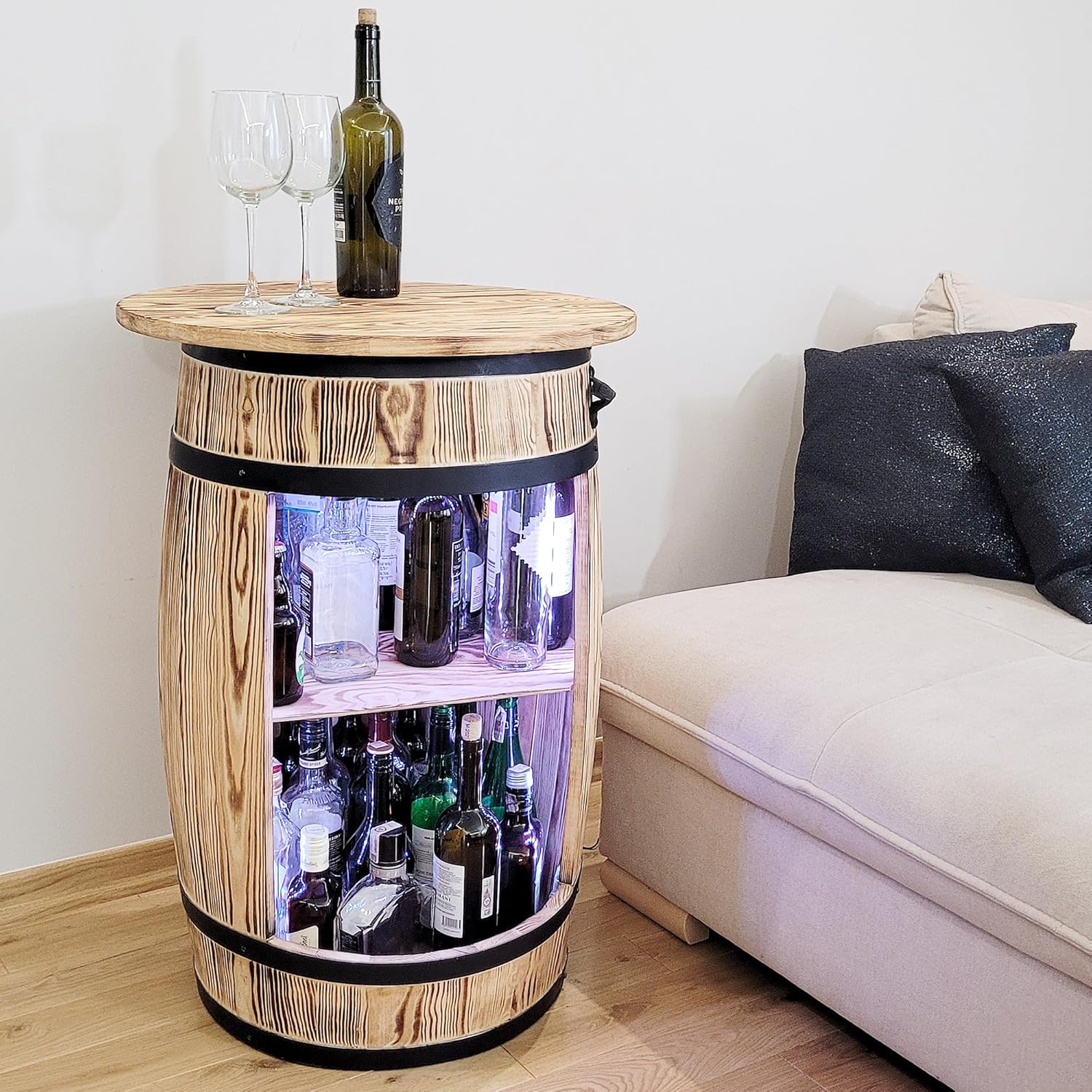 Armoire de Bar avec Top blat et Lampes LED RGB – Tonneau en Bois – Casier à vin – Étagère décorative rétro – Fût en Bois avec Couvercle – Minibar, Table à gin, Whisky 80x55cm