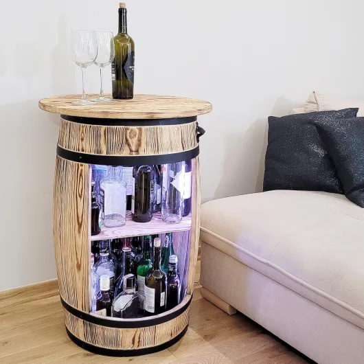 Armoire de Bar avec Top blat et Lampes LED RGB – Tonneau en Bois – Casier à vin – Étagère décorative rétro – Fût en Bois avec Couvercle – Minibar, Table à gin, Whisky 80x55cm