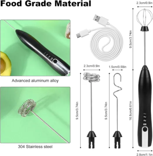 Mousseur à Lait Électrique, Mousseur à Lait USB Rechargeable avec 3 Têtes d'Agitation, Mini Fouet 3 Vitesses Réglables Mini Batteur à Œufs Électrique pour Café, Matcha, Latte, Cappuccino J16
