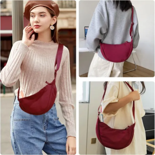 Sac à croissants en nylon, Crescent Bag pour femme, Sac à bandoulière en nylon pour femmes avec sangle ajustable pour un usage quotidien Bourgogne