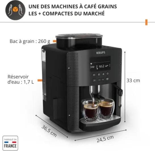 Essential, Machine à café grain, Expresso automatique, 2 tasses simultanées, Ecran LCD, Nettoyage automatique, Buse vapeur Cappuccino, Cafetière espresso, Noire, YY8135FD Essential LCD