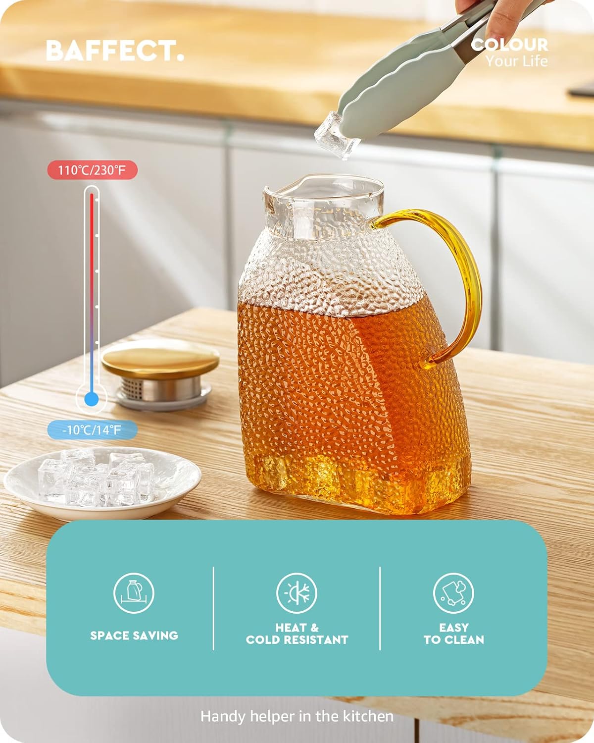 Pichet à eau, carafe en verre borosilicate avec couvercle en acier inoxydable, carafe de porte de réfrigérateur étanche pour boissons chaudes ou froides (1,8 l) Finition Martelée