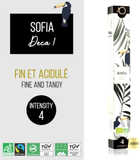 Capsules Nespresso Compatible - Café BIO Fairtrade Arabica Décaféiné sans solvant SOFIA - 60 Capsules Compostables - Torréfaction Artisanale Sofia intensité 4 1 unité (Lot de 60)