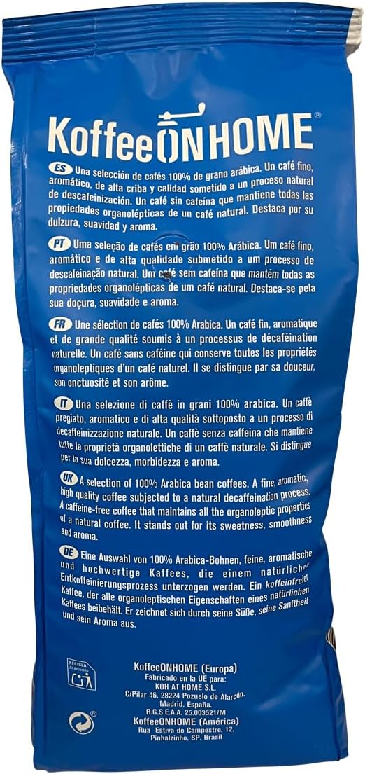 KoffeeONHOME Café en Grain Décaféiné à l’Eau – 100% Arabica – Torréfaction Naturelle – 1 kg – Arômes Doux et Équilibrés – Sans Solvants 1 kg (Lot de 1)