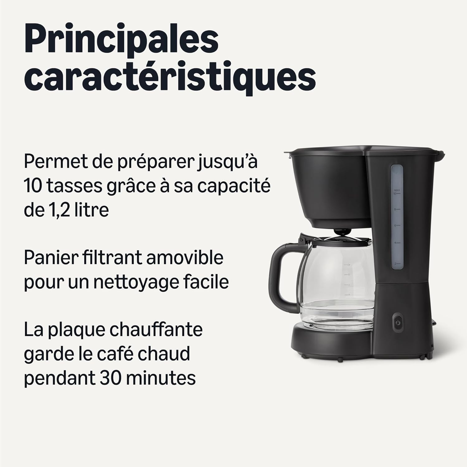Machine à café filtre, carafe en verre de 1,25 l/10 tasses, garde au chaud pendant 29 min, 1 000 W, noir, prise européenne Cafetière 10 Tasses