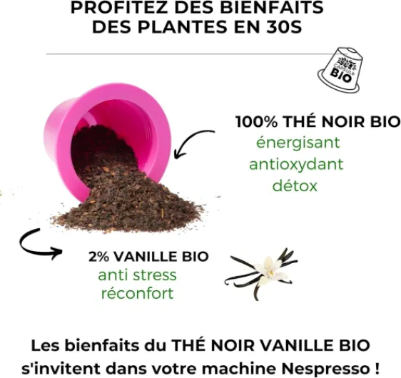 CAPSUL&BIO Thé Noir Bio Vanille - Compatible avec les machines à Capsules Nespresso - Pochette de 50 Capsules Biodégradables, 100% Végétales - Rapide et Sain - Fabriqué en France.
