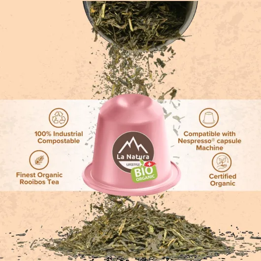 La Natura Lifestyle THÉ ROOIBOS BIO 60 capsules de thé compatibles machines à capsules Nespresso - 100% compostable industriellement²- Écologique