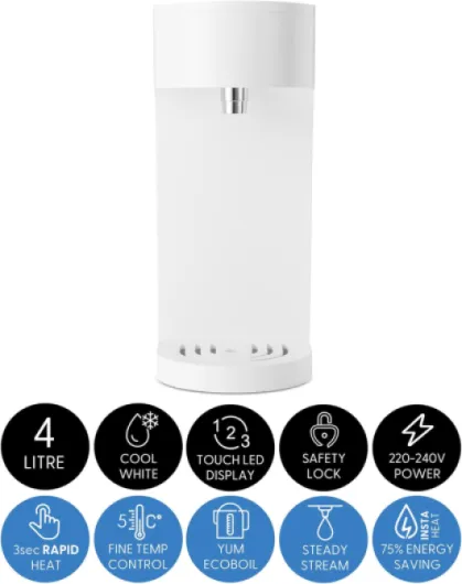 Oyu "Hidden Under" Distributeur d'eau chaude numérique instantané à écran tactile LED blanc, capacité de 4 litres, Ecoboil, technologie InstaHEAT, 220-240V, EU Power Prise UE/alimentation
