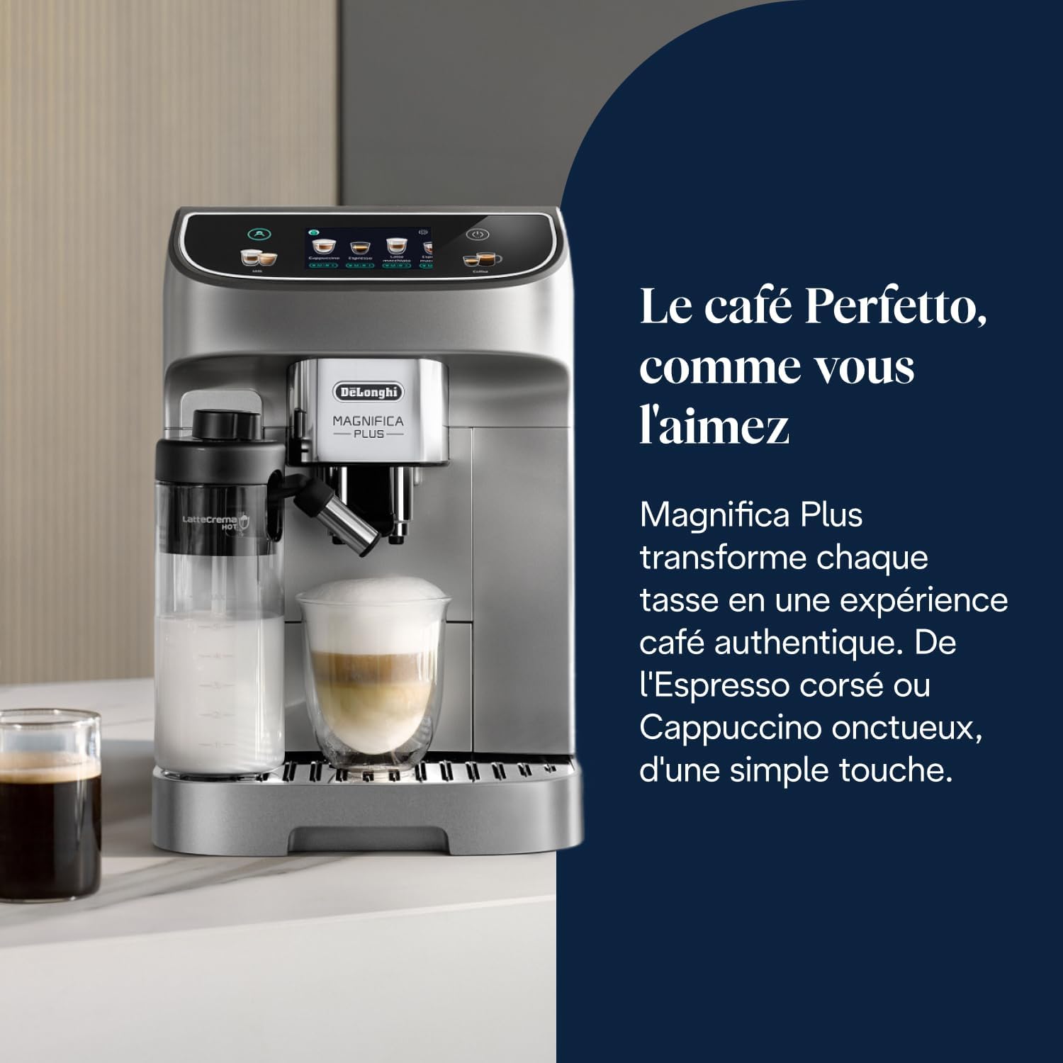 De’Longhi Magnifica Plus - Perfetto Machine à Café Automatique avec LatteCrema Mousseur à Lait Automatique, 18 Boissons en une Seule Touche, Écran Touch Couleurs, Argent et Noir (ECAM322.70.SB) 18 Boissons Argent