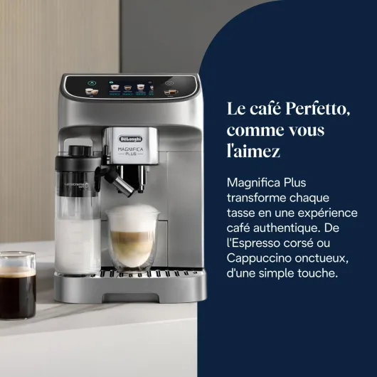 De’Longhi Magnifica Plus - Perfetto Machine à Café Automatique avec LatteCrema Mousseur à Lait Automatique, 18 Boissons en une Seule Touche, Écran Touch Couleurs, Argent et Noir (ECAM322.70.SB) 18 Boissons Argent