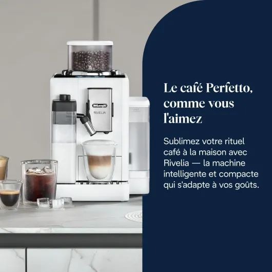 De’Longhi Rivelia - Perfetto Machine à Café Automatique avec LatteCrema Mousseur,16 Boissons Enregistrées, Écran Tactile Couleur, Réservoir à Grains Interchangeables, Blanc (EXAM440.55.W) Système automatique de lait Blanc