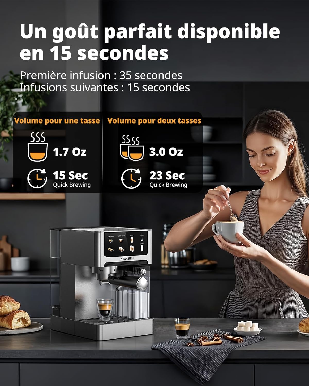 Machine à Espresso 20 Bar – Cappuccino & Latte Cafetière, Machine a Cafe Double Chaudière (1350W & 1000W), Extraction en 15s, Acier Inoxydable, Amovible Réservoir d'Eau 1,8L, Écran Tactile Mousseur à Lait Automatique