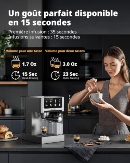Machine à Espresso 20 Bar – Cappuccino & Latte Cafetière, Machine a Cafe Double Chaudière (1350W & 1000W), Extraction en 15s, Acier Inoxydable, Amovible Réservoir d'Eau 1,8L, Écran Tactile Mousseur à Lait Automatique